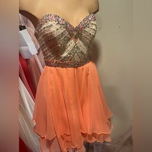 Size 6- Mini Length Peach Dress with Ivory top and multicolored bling.